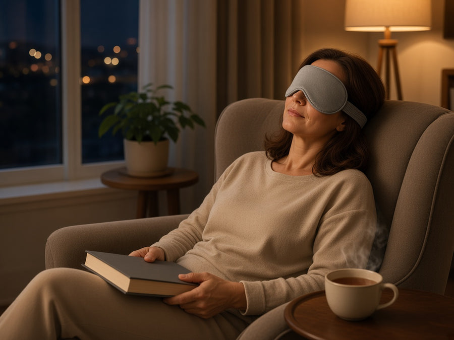 Woman reading in an armchair with the grey Thallow eye mask resting on her hair