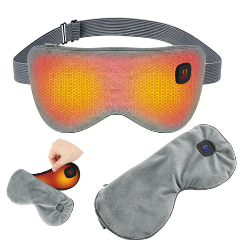 Grey Thallow heated eye mask with its adjustable strap, shown with the cover on and off