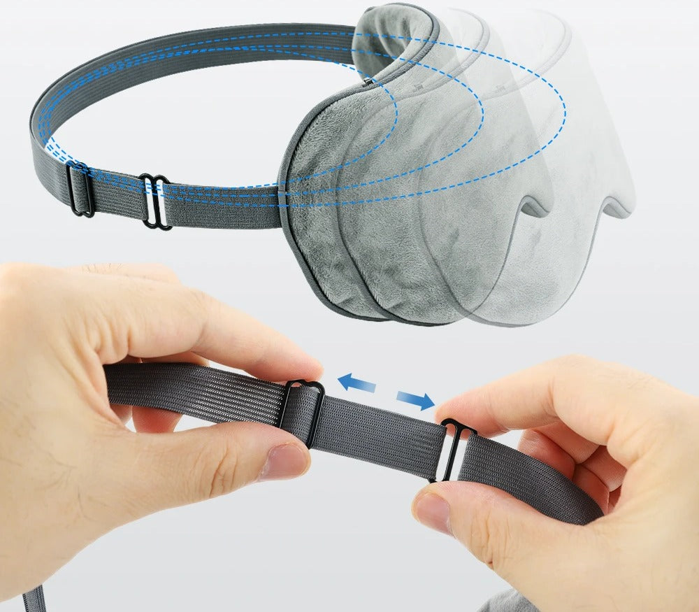 Hands adjusting the grey elastic strap of the Thallow eye mask