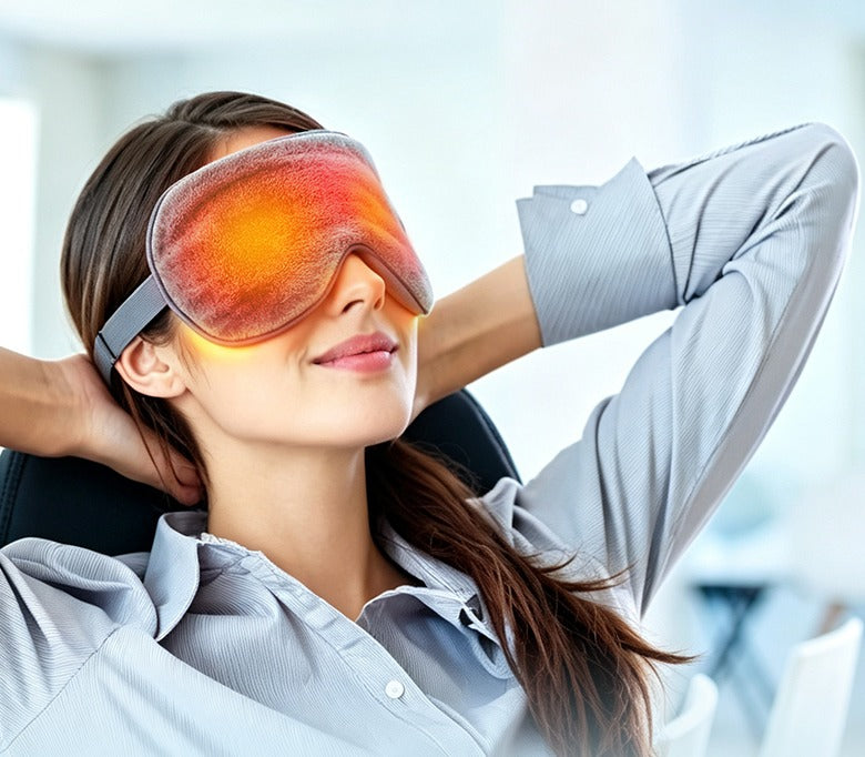 Woman leaning back in a chair wearing the grey Thallow heated eye mask