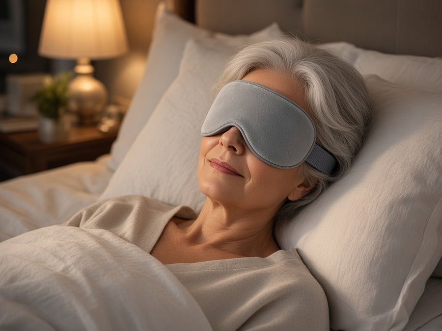 Woman lying in bed at night wearing the grey Thallow heated eye mask
