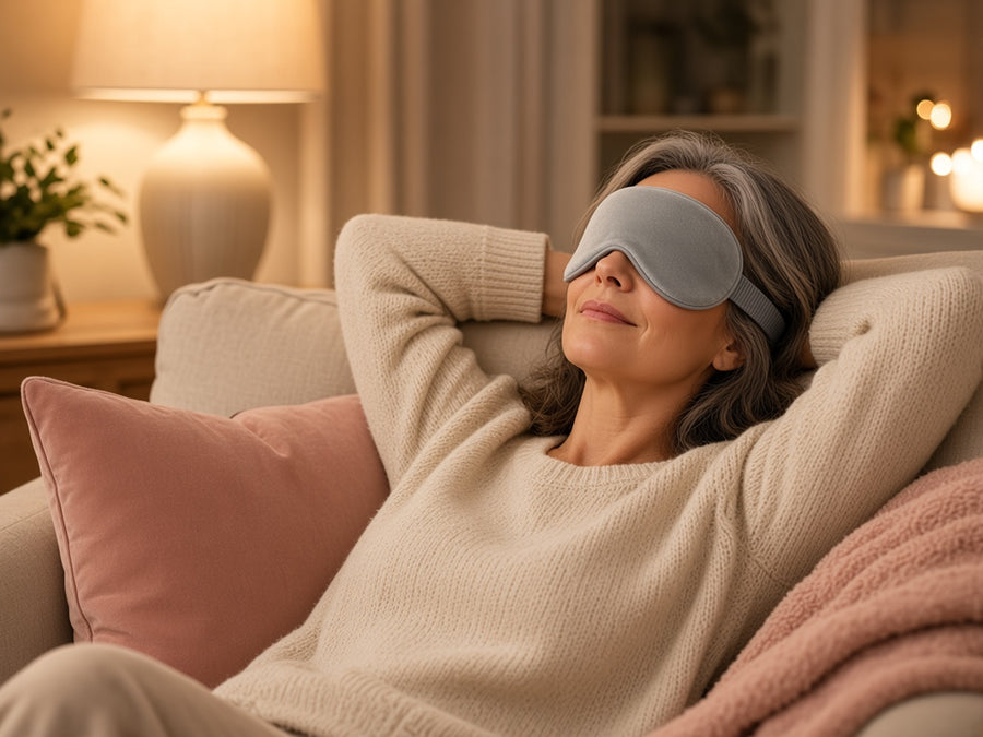 Woman relaxing on a sofa in the evening wearing the grey Thallow heated eye mask